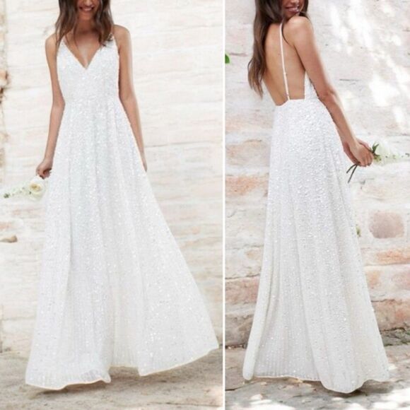 NWT ASOS Ivory Sequined Beaded Josie Backless Cami Maxi Wedding Dress Size 6 NEW - Picture 6 of 16